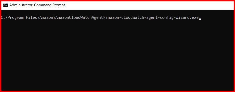 Picture showing the amazon-cloudwatch-agent-config-wizard.exe executed in the command prompt